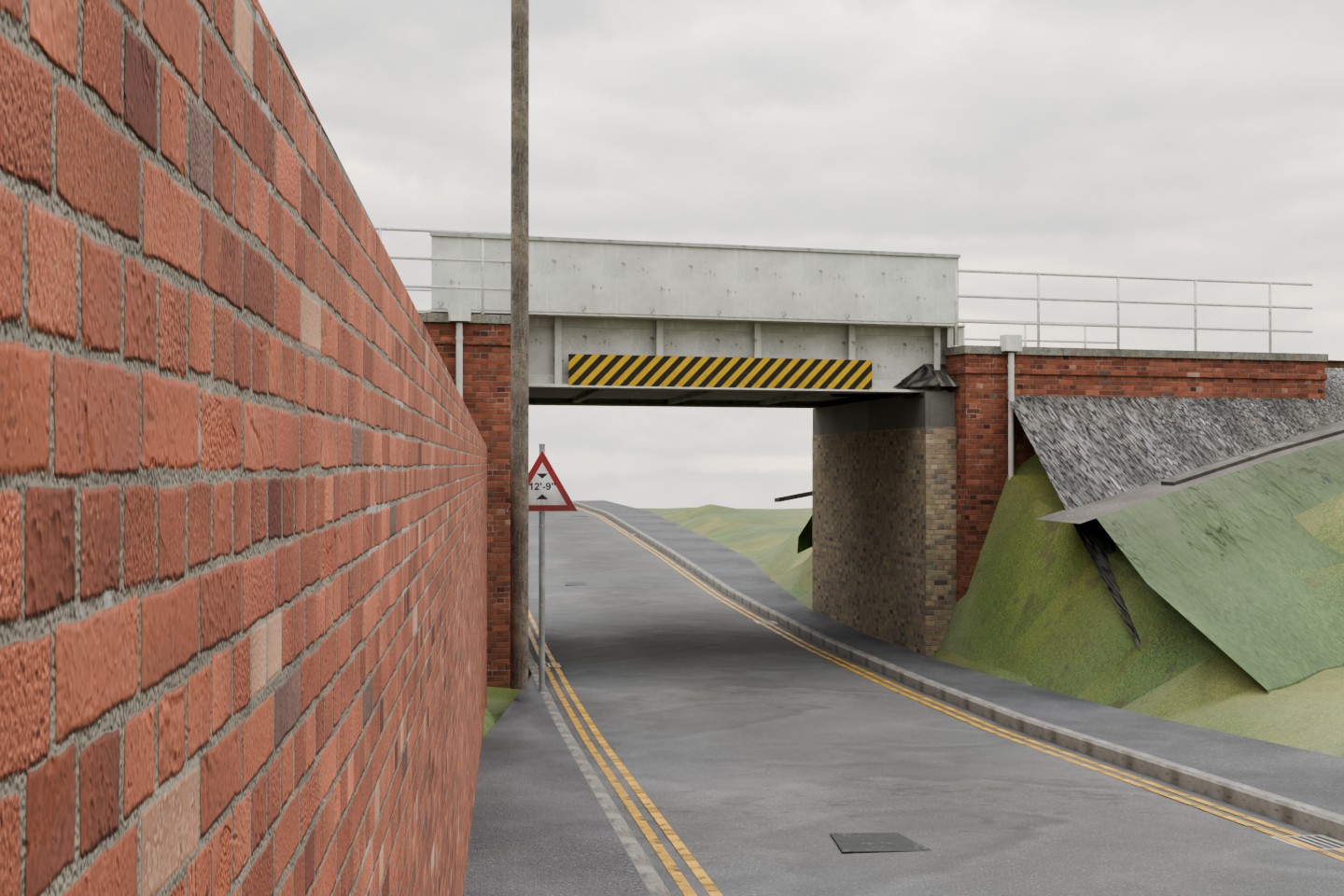 Actual starting Epple Road model: white two-tier railway bridge, brick retaining wall, narrow footway and exposed hanging formation sheets beside the right wing wall.