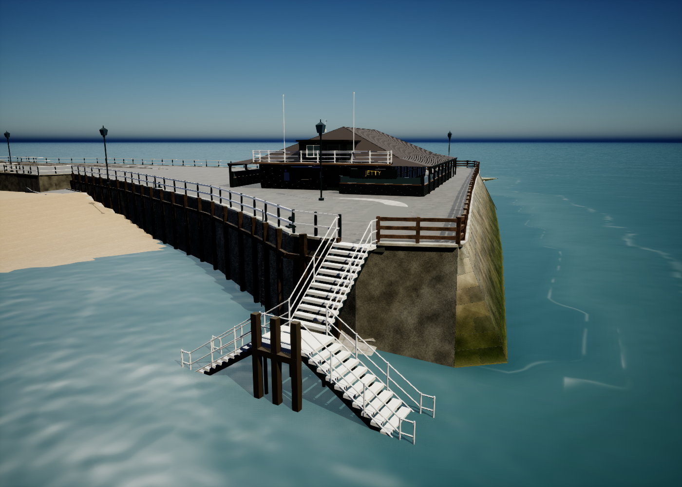 Native Unreal review render of Broadstairs jetty: timber and white quay rails join the three-flight harbour stairs, whose feet now descend beneath the water.
