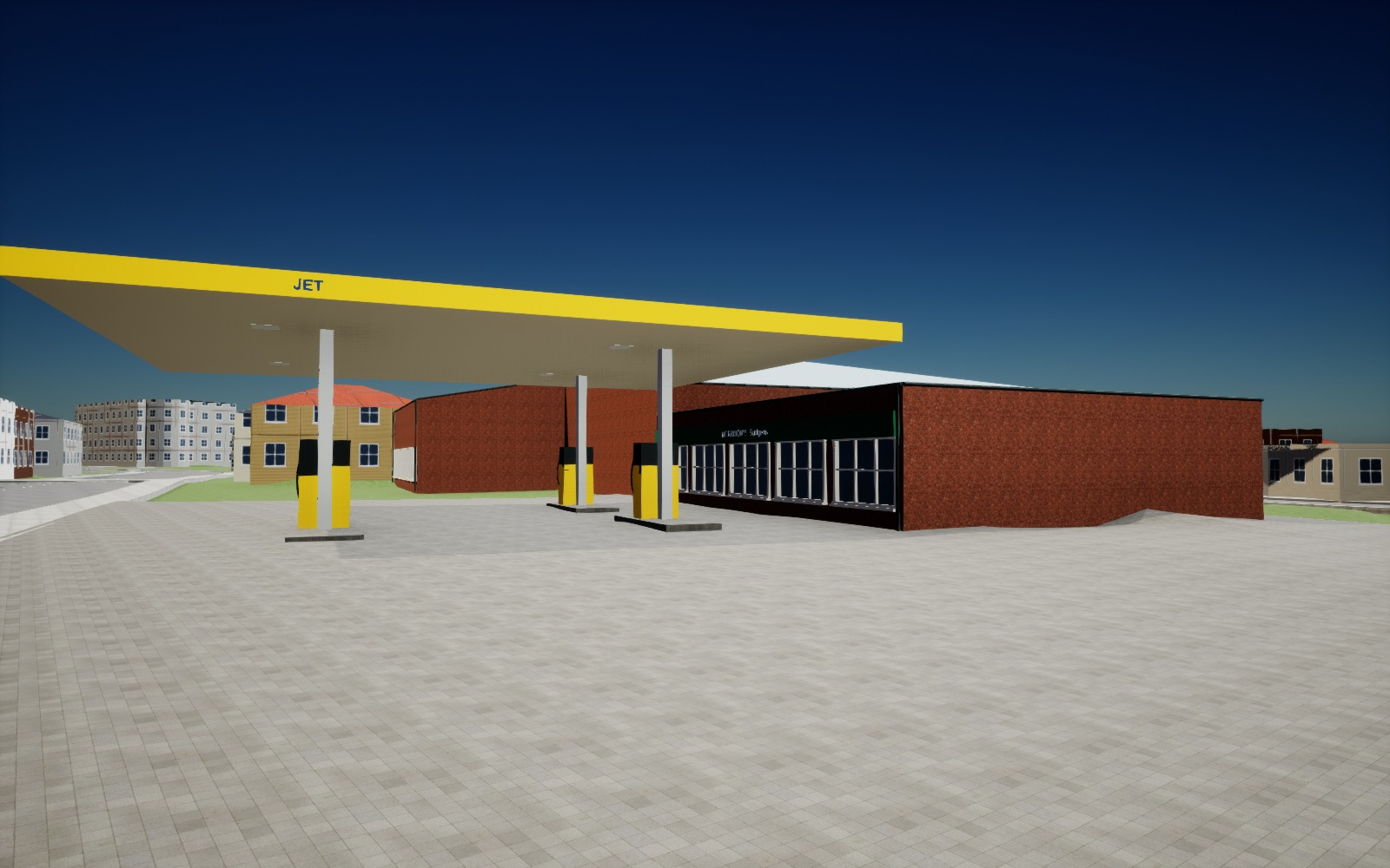 Saved Unreal view of the JET petrol station and Budgens shop, showing the corrected ninety-degree pump-island alignment and paved forecourt.