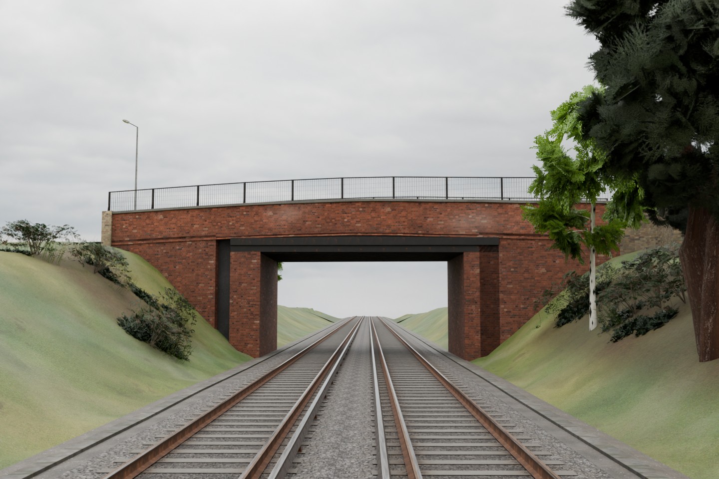 Actual Domneva Road bridge render: red brick piers and dark girder span the detailed original double railway track, with mesh parapet screens and planted cutting banks.