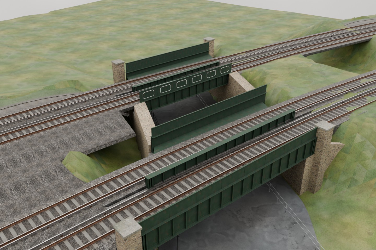 Actual starting-model aerial render of Fulsam Place railway bridges, showing four tracks and visible gaps between the approach formation and the banks.