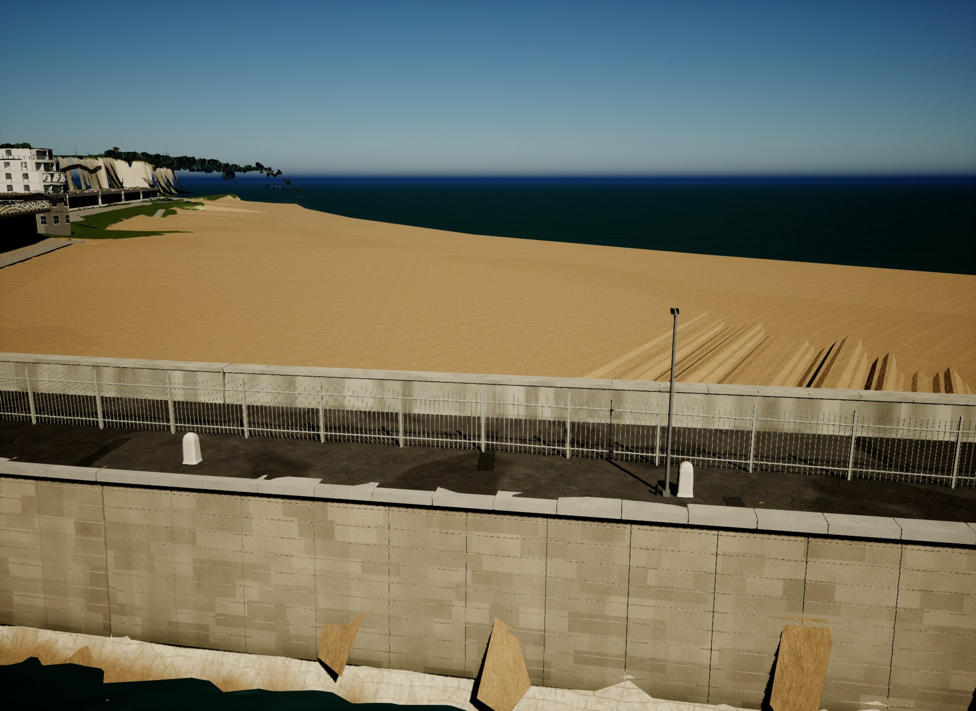 Same-angle actual engine geometry diagnostic after the first LiDAR foreshore correction. Most large tan sheets against the quay have gone, but several northern protrusions and beach-side ridges remain. Simplified diagnostic lighting; work is continuing.