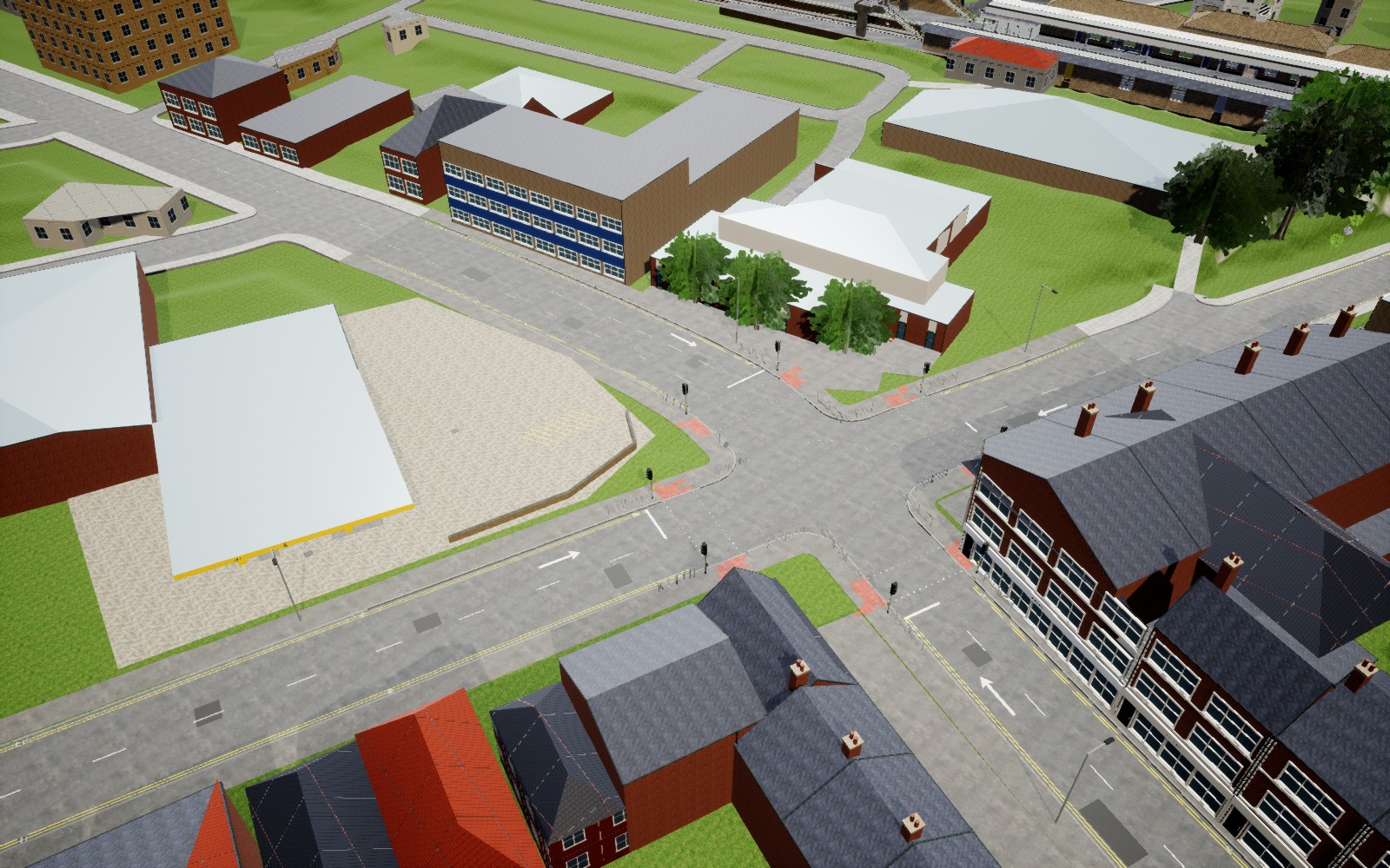 Work-in-progress Unreal aerial render of Broadway crossroads, with new road surfaces, crossings and petrol forecourt; visible grass gaps await correction.