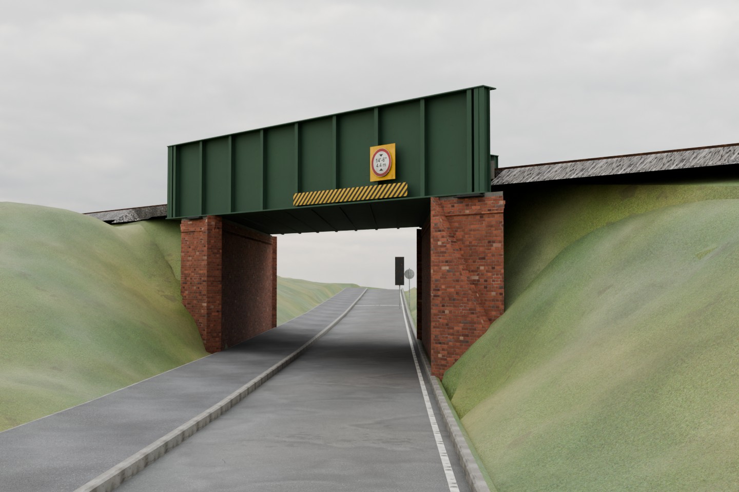 Work-in-progress Minnis Road render with green steel girders, exposed brick abutments and new grass banks; a remaining dark gap is visible beneath the raised track formation on the right.