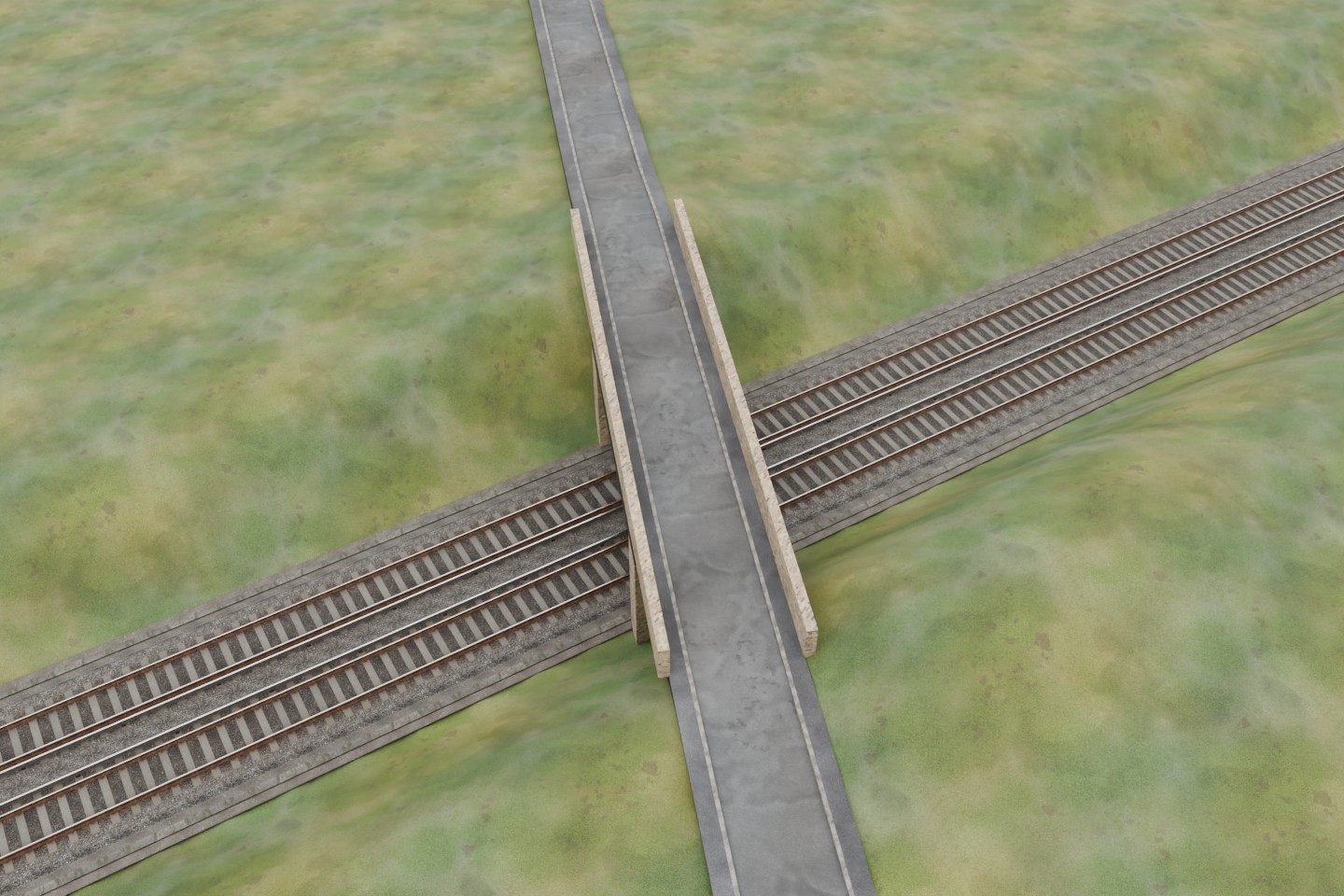 Actual far-distance Shallows Road model with a continuous narrow road and footways, brick parapets, smooth cutting banks and the original detailed railway tracks.