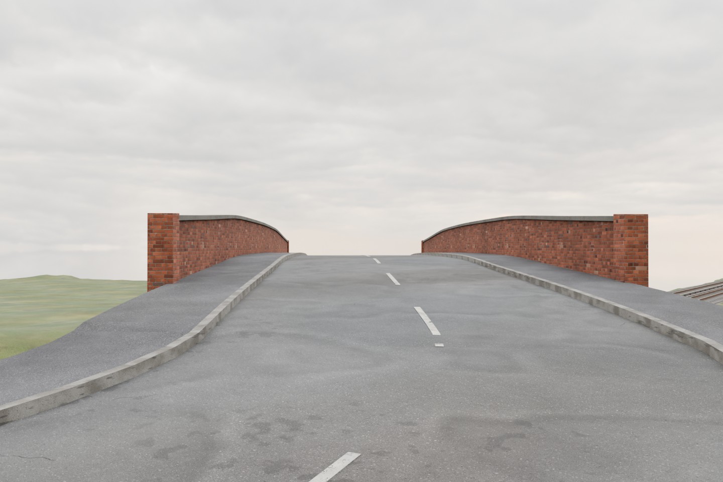 Work-in-progress Blender render looking uphill along Hengist Road bridge, showing brick parapets, pavements and the cleared carriageway.