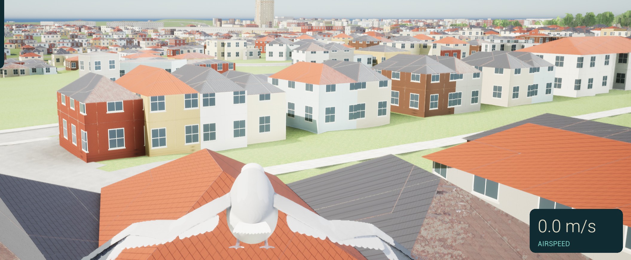 User-supplied in-game starting screenshot: a gull above rows of placeholder houses with grey and orange roofs, visible streaks and inconsistent roof patches.
