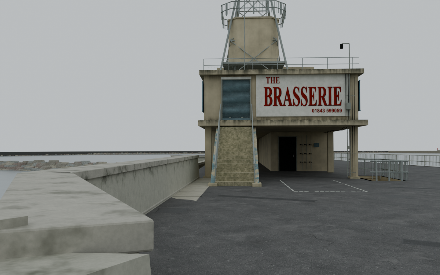 Weathered Blender source preview of Royal Harbour Brasserie with open lower bay, ribbed blue-grey shutter, broad red sign, radar enclosure, sea-side stone wall and asphalt forecourt. Native explorer integration remains in progress.