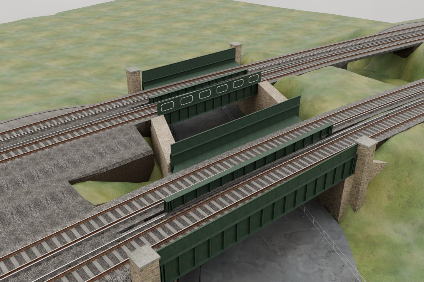 Actual Fulsam Place bridge aerial render after adding closed earth supports under the railway approaches; four original tracks cross two green steel decks.