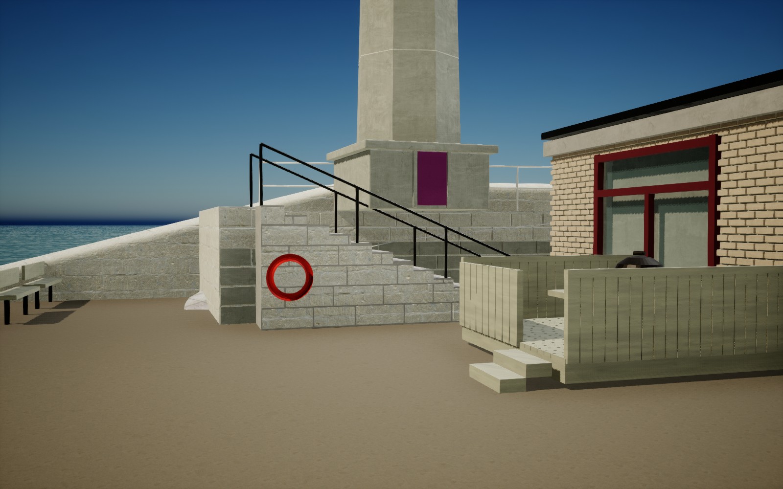 Native work-in-progress render of Margate lighthouse steps, pale stone stair-side courses and red lifering; final terrain and walking checks remain open.