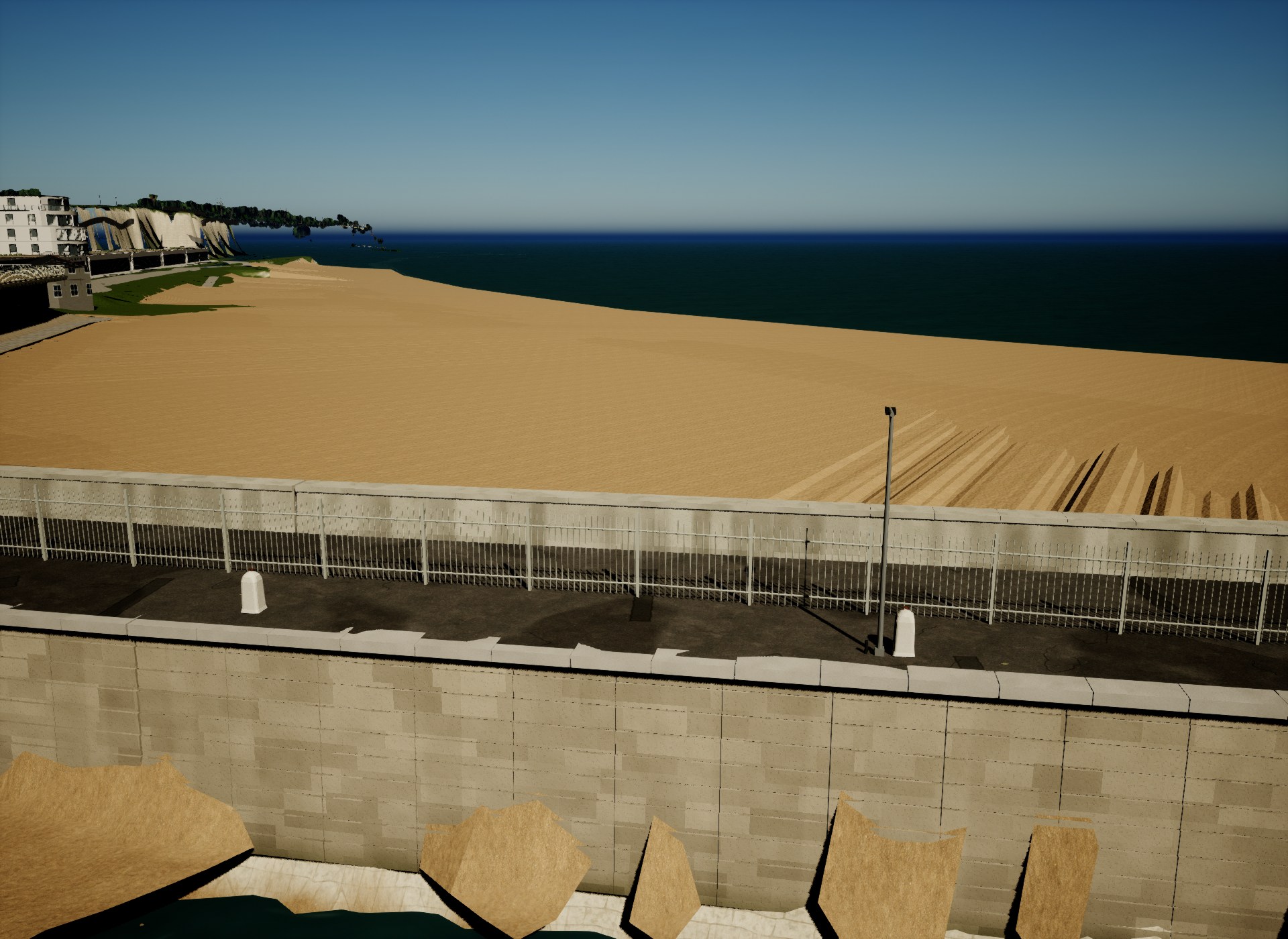 Actual engine geometry diagnostic before terrain repair: tall tan triangular sheets protrude beside Ramsgate East Pier, with ridges in the beach beyond the parapet. Simplified diagnostic lighting; this is an unresolved defect.