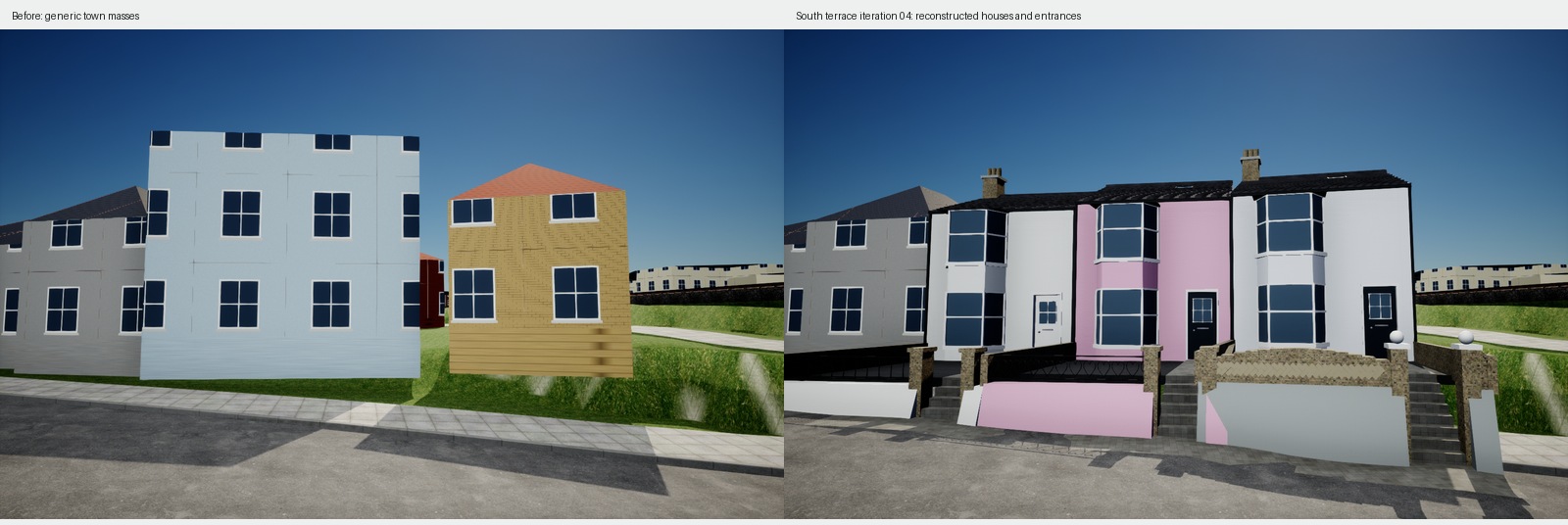 Matched Unreal before and after views of the first three houses on the south side of High Street near Broadstairs bridge. Generic building masses are replaced by bay-fronted houses, raised gardens and individual pavement entrances.