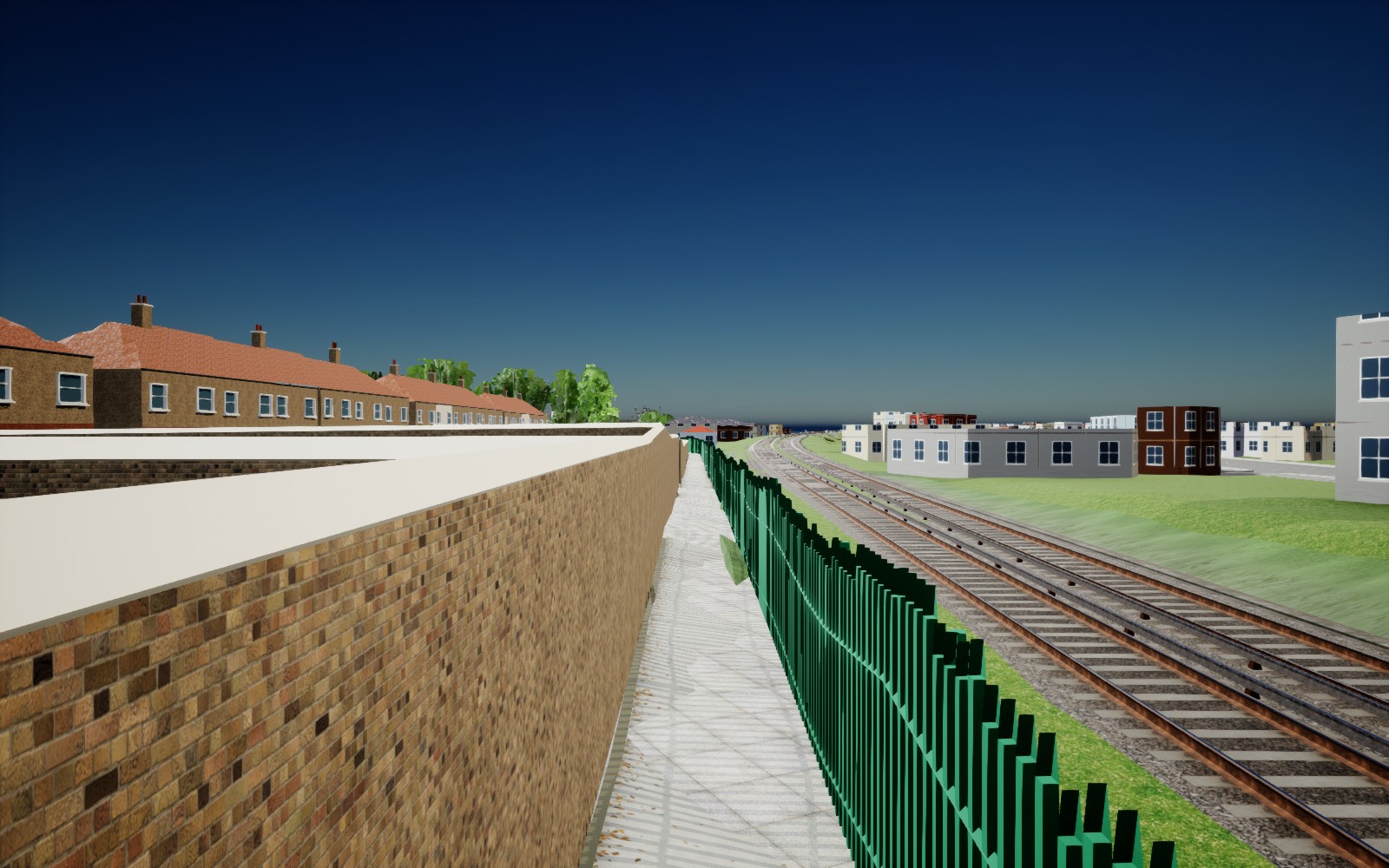 Actual Unreal candidate capture looking along the narrow concrete alley, with brick garden walls to the left, green railway security fence to the right, and leaf litter along the edges. The world changes are not yet saved.