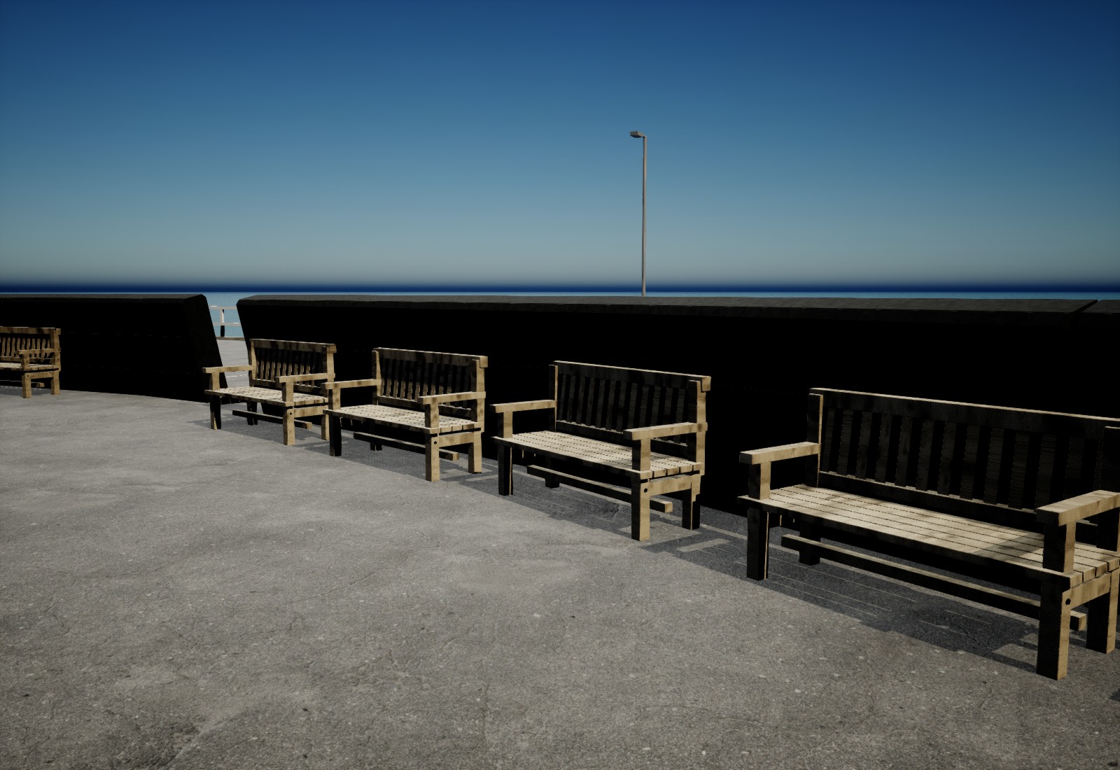 Unreal diagnostic preview showing timber benches beside the black divider with a gentler west lean and chamfered top edge.