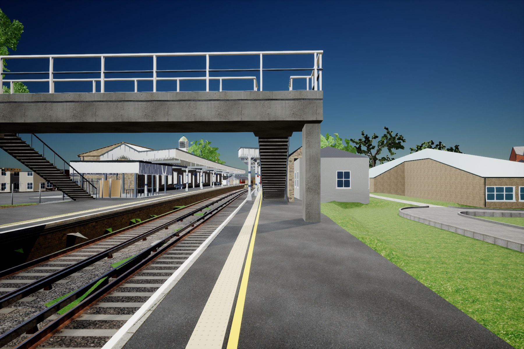 Actual Unreal candidate looking south beneath Broadstairs footbridge. Rebuilt white canopies and platform markings are visible, along with unresolved green terrain triangles protruding between the rails.