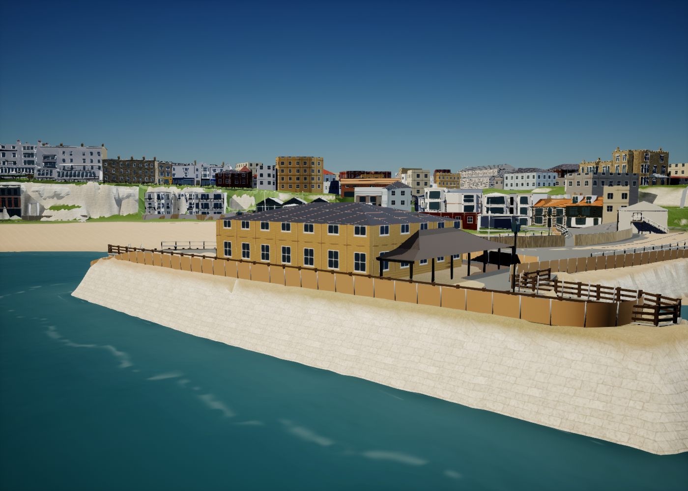 Matched Unreal before view of Broadstairs pier, with a yellow generic building protruding through the detailed Jetty cafe.