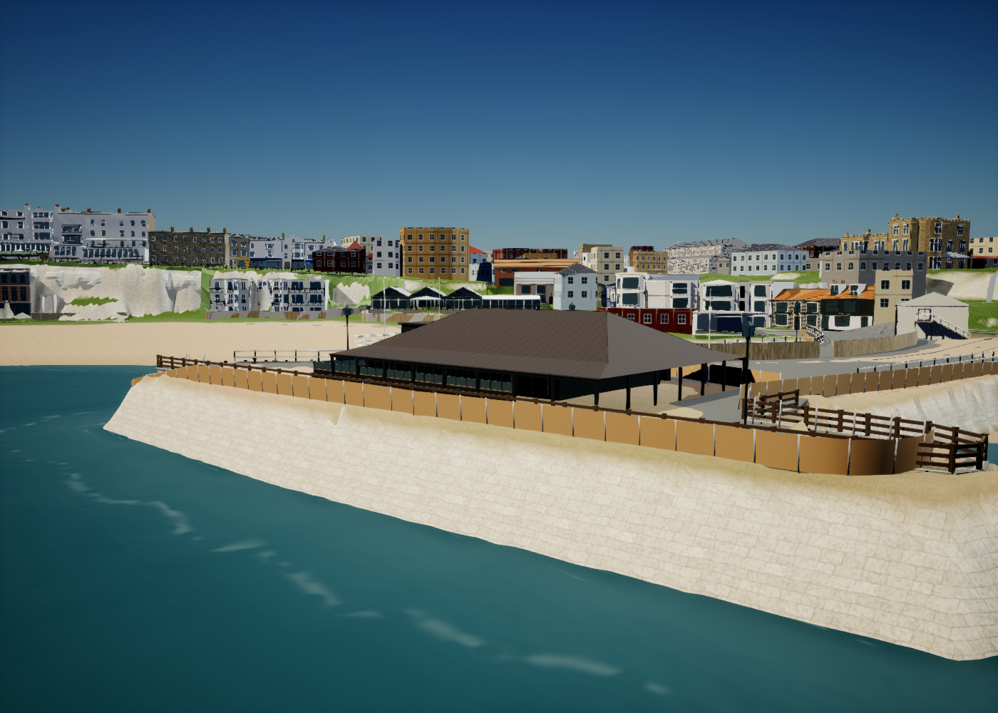 Matched Unreal after view showing the dark-clad Jetty cafe exposed after removal of the overlapping yellow placeholder, with neighbouring buildings retained.