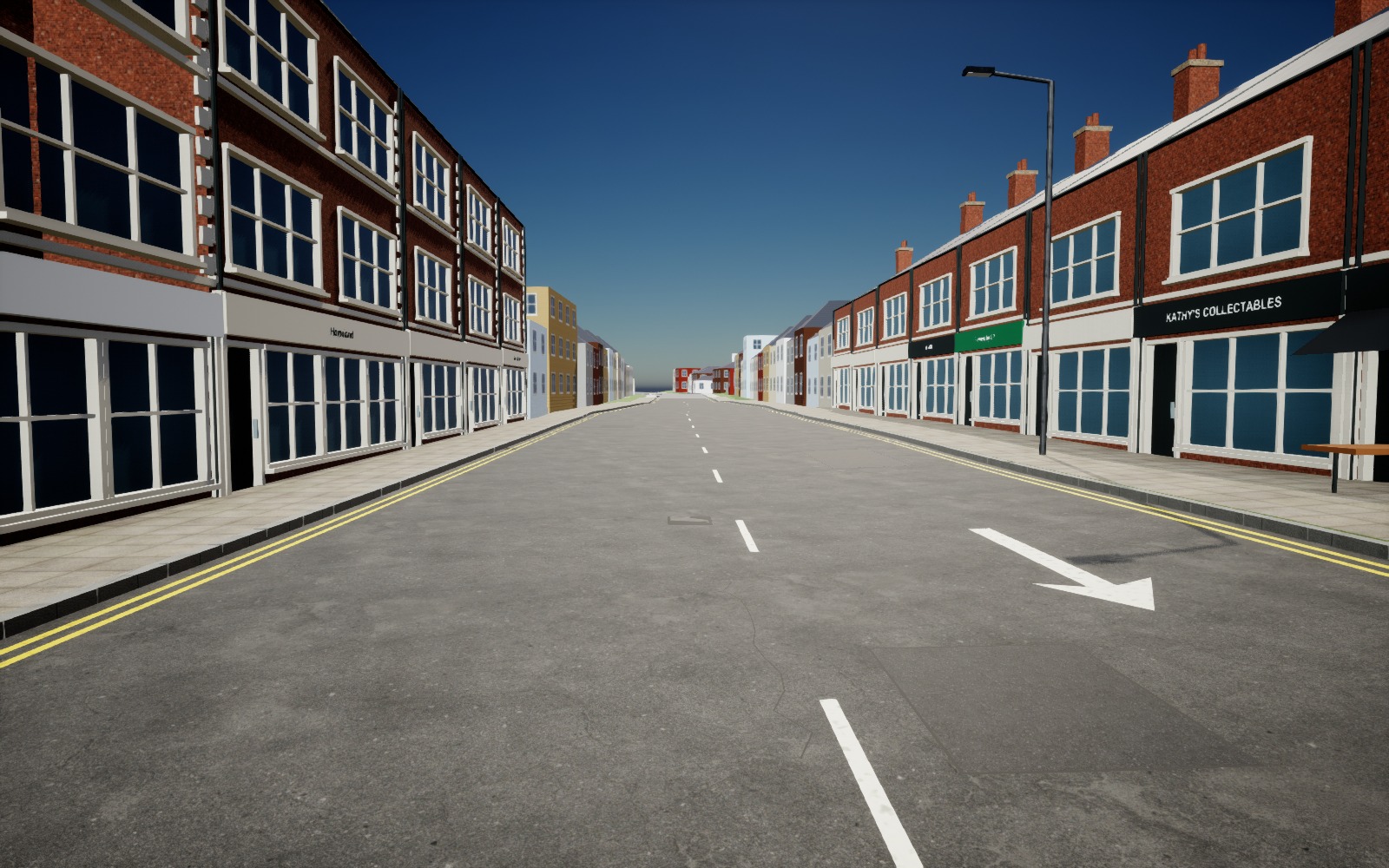 Final Unreal view looking south down Broadway with narrowed shopfront pavements, continuous kerbs, double-yellow lines and textured road surfaces.